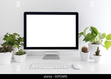 White modern desktop with computer and plants. Minimalistic workplace of student or freelancer, mock up Stock Photo