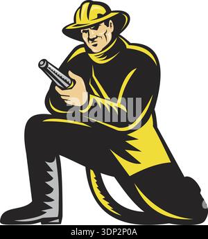 Illustration of a Fireman firefighter kneeling with fire hose fighting ...