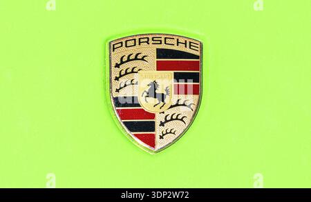 Samara, Russia - May 25, 2024: Porsche automobile logo on the car Stock Photo