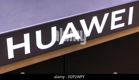 Samara, Russia - April 6, 2025: Huawei logo in electronic store. Huawei is a leading global Chinese enterprise and information and communications tech Stock Photo