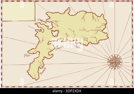 Illustration of a treasure map showing island with coast and compass ...
