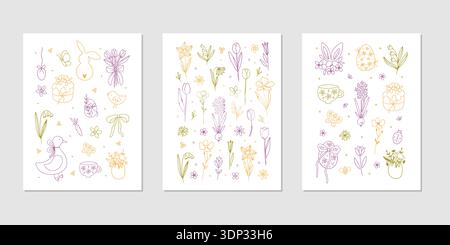 Happy Easter hand drawn whimsy poster set Stock Vector