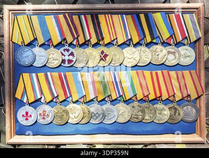 Samara, Russia - May 25, 2024: Different medals of the russian army Stock Photo