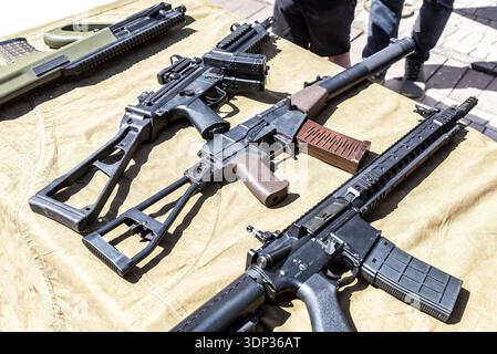 Samara, Russia - May 25, 2024: Various russian firearms, assault rifles. Different samples of russian small arms Stock Photo