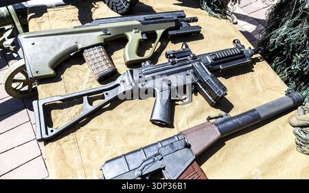 Samara, Russia - May 25, 2024: Various russian firearms, assault rifles. Different samples of russian small arms Stock Photo