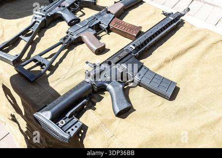 Samara, Russia - May 25, 2024: Various russian firearms, assault rifles. Different samples of russian small arms Stock Photo