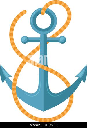 Blue anchor wrapped in rope, nautical emblem illustration showcasing coiled rope, metal flukes, clean Stock Vector