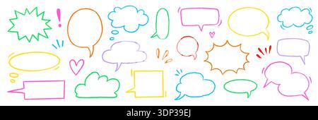 Speech crayon frame pastel set. Speech crayon frame hand drawn pencil line box bubble cloud background. Cartoon crayon chat doodle dialog painting texture sketch child design. Vector illustration. Stock Vector