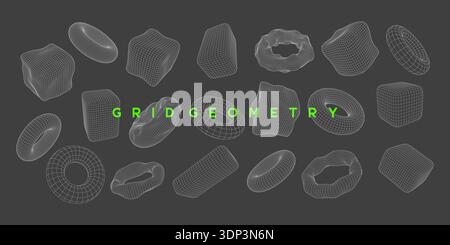 Set of distorted wireframe cube and torus shapes with organic, fluid mesh design. Mathematical mesh shapes for futuristic tech design, science and dig Stock Vector