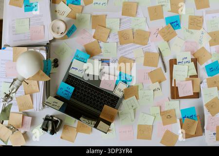 Business Professional Organizing Tasks with Sticky Notes on Office Desk Stock Photo