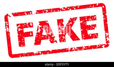 Red rubber stamp with Fake text in grunge style, distressed stamp sticker in bold vector typography isolated on transparent background for fraud Stock Vector