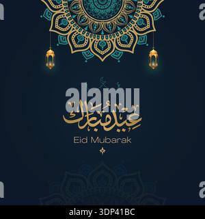 Eid Mubarak Arabic Calligraphy Greeting Card with Islamic Lanterns and Mandala Design Stock Vector