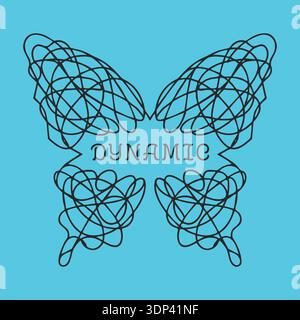 Blue panel featuring a butterfly made of tangled scribble lines with dynamic text centered Stock Vector