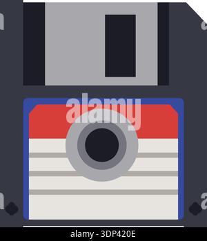 Flat illustration of a floppy disk storage icon with a central label and shutter Stock Vector
