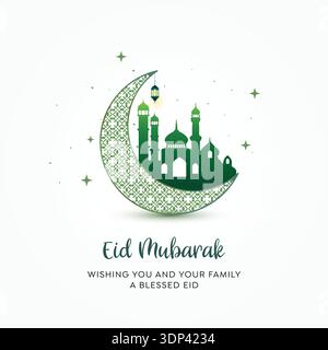 Green Crescent Moon with Mosque Silhouette and Lantern – Eid Mubarak Islamic Greeting Design Stock Vector
