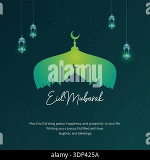Eid Mubarak Greeting Banner Design – Elegant Islamic Calligraphy with Crescent Moon Stock Vector