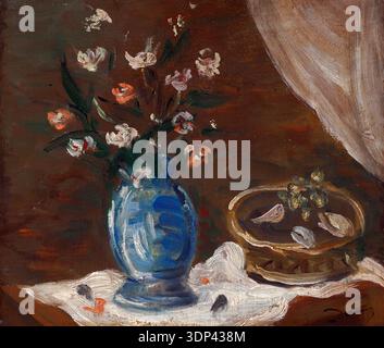 This painting, "Nature morte aux fleurs - vase bleu" by André Derain, dates to approximately 1922 and depicts a still life arrangement. A vibrant blue vase overflowing with delicate flowers sits on a draped white cloth, beside a decorative basket containing additional botanical elements, with a warm brown background and a hint of a light curtain. Stock Photo