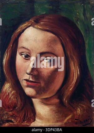 This captivating oil painting titled "Tête de jeune femme" (Head of a Young Woman) by André Derain, created in 1923, showcases his distinctive style and color palette. The portrait features a woman with rich, reddish-brown hair and a contemplative expression, rendered with bold brushstrokes and a deep, muted background. Derain, a leading figure in Fauvism and later a more classical approach, captures a sense of intimacy and depth in this early 20th-century artwork. Stock Photo
