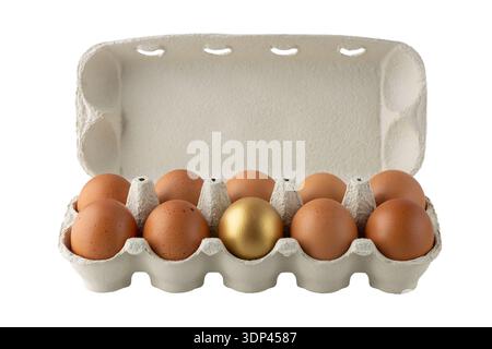 Категория 1Cardboard box packaging with  brown and golden eggs isolated on white background. Happy Easter surprise. Stock Photo