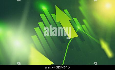 Market growth trend shows upward movement with green arrows and bar graph in the background Stock Photo