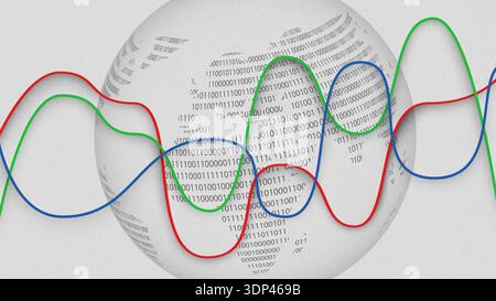 Data visualization shows network connections on a globe representing global communication trends Stock Photo