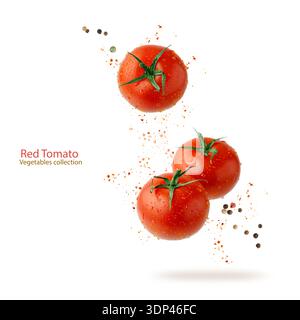 Three whole ripe juicy red tomatoes with water drops and peppers isolated flying falling on white background.  Vegetables collection Stock Photo
