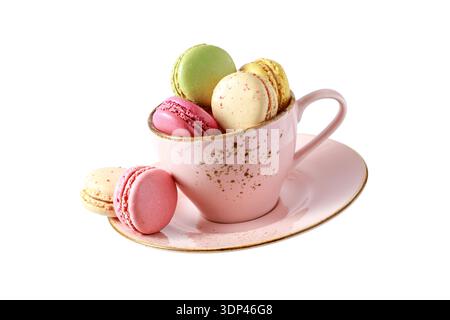 French sweet colorful cookies macarons macaroons in vintage pink cup flying isolated  on white background. Pastry shop card with copy space Stock Photo