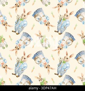 Easter bunnies in clothes seamless pattern. In a suit with a willow bouquet, in a dress with a basket of eggs and a baby with a carrot. Hand drawn wat Stock Photo