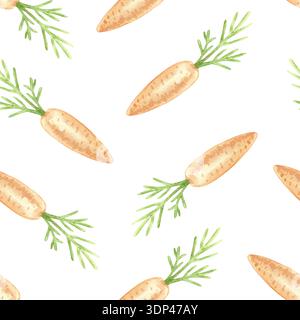 Fresh carrots with leaves seamless pattern for Easter backgrounds and childrens prints. Hand drawn watercolor illustration. Pastel clip art for wrappi Stock Photo
