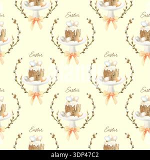 Easter cake seamless pattern. Glazed pastry decorated with eggs, willow branches and a bow. Hand drawn watercolor illustration. Pastel clip art for wr Stock Photo
