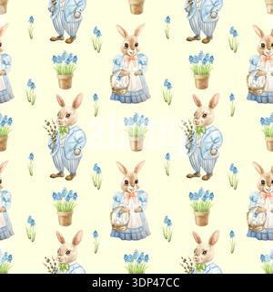 Easter rabbits bunnies seamless pattern. A bunny in a suit with a willow bouquet and a dress with a basket of eggs. Hand drawn watercolor illustration Stock Photo