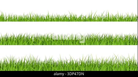 Set of 3 green grass patterns on isolated transparent background. Lawn banners for garden, spring, summer vector illustrations Stock Vector