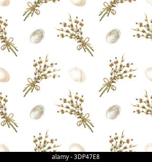 Easter seamless pattern with eggs and willow branches. Hand drawn watercolor illustration. Pastel clip art for wrapping paper, fabric and scrapbooking Stock Photo
