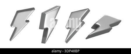 3d lightning metal icon. Silver thunder bolt flash, chrome y2k arrow, metallic thunderbolt realistic render. Electric charge warning symbol, high voltage hazard sign, energy power, fast vector emoji. Stock Vector