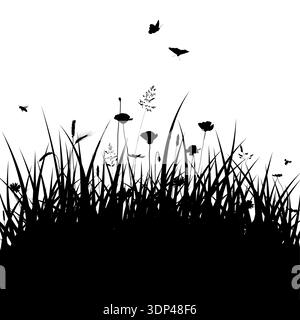 Realistic meadow vector illustration on isolated background. Grass with herbs, flowers, bees and butterflies for Easter, ecology, spring or summer ill Stock Vector