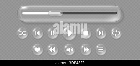 Liquid glass media play, 3d transparent realistic button with control icons. Glossy glassmorphism interface, bar slider and play, stop and pause, favorite music symbols. Mobile app UI vector template. Stock Vector