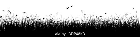 Grass panoramic banner with wild flowers, herbs and insects on isolated background. Meadow border Stock Vector