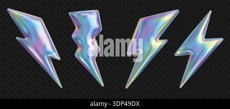 3D holographic lightning icons with neon metal hologram effect. Electric thunderbolt flash realistic soft render with rainbow gradient emoji. Energy, power and speed y2k symbol. Isolated vector set. Stock Vector