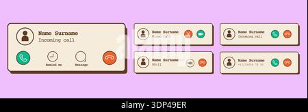 Retro 90s mobile phone notification screen interface with incoming call, talking, and video call alerts in vintage style. Classic smartphone Stock Vector