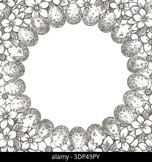 Square background with quail Easter egg wreath and flower in vintage sketch style. Hand drawn line vector design. Floral frame with copy space. Perfect for greeting card and spring holiday template. Stock Vector