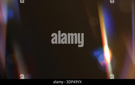 Light leak film. Abstract light flare with bright vertical beam, rainbow spectrum glow, cinematic dust particles, dramatic dark and vibrant background. Optical overlay texture. Vector illustration. Stock Vector