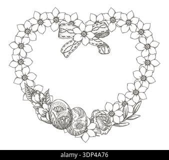 Heart shape wreath with rose flower and Easter eggs in vintage style. Hand drawn vector line art festive design. Graphic sketch drawing for greeting card template. Perfect for spring holiday season. Stock Vector