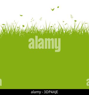 Green meadow vector background with grass, herbs, flowers, bees and butterflies on isolated background. Easter, spring, summer or ecology square illus Stock Vector