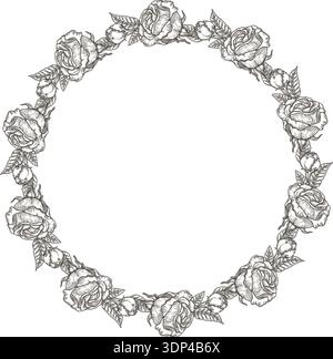 Circle wreath with rose flower and copy space in vintage style. Hand drawn vector outline decorative festive design. Graphic drawing ideal for Easter card template. Perfect for spring holiday season. Stock Vector