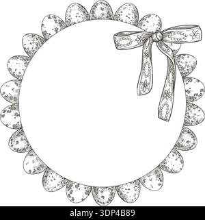 Easter wreath with quail eggs and ribbon in vintage style. Hand drawn vector decorative festive design. Graphic circle frame with bow for greeting card template. Perfect for spring holiday season. Stock Vector