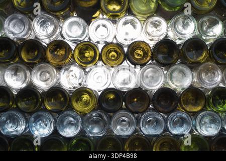 Empty beer bottles rack. Full frame. Alcohol theme. Stock Photo