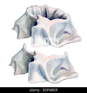White fabric, artfully folded like a napkin for a deep plate, is hand-painted with watercolors. Elements of a bread box template for setting a table w Stock Photo