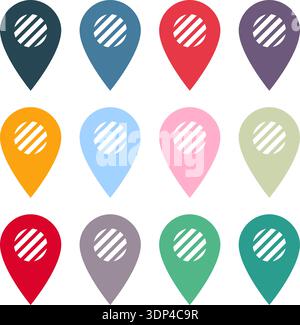 Colorful map pin icons with diagonal stripe pattern Stock Vector