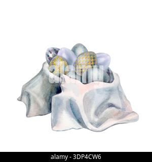Painted pearl-gray Easter eggs in a deep bowl covered with a pleated white cloth napkin. Watercolor clip art illustration of a table setting with brea Stock Photo