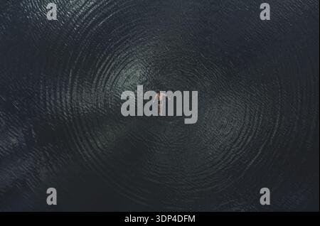 A man swims on his back in dark water. View from above. Human provokes circular waves on the water. Clouds are reflected on the surface of the water. Stock Photo